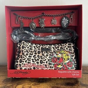 New Ed Hardy Leopard Shoulder Crossbody Handbag Gift Box Set Skull Roses Charm